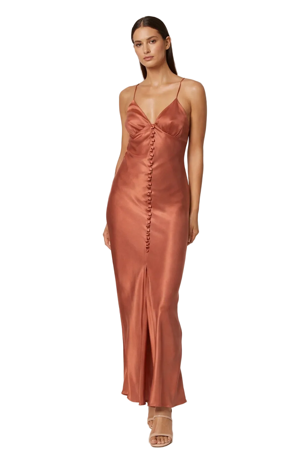Satynowa sukienka maxi typu slip w odcieniu rdzawym